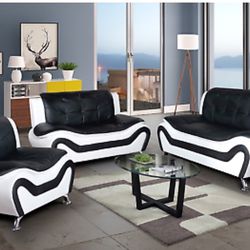 NEW Black White Leather Gel 3PC Sofa Set 