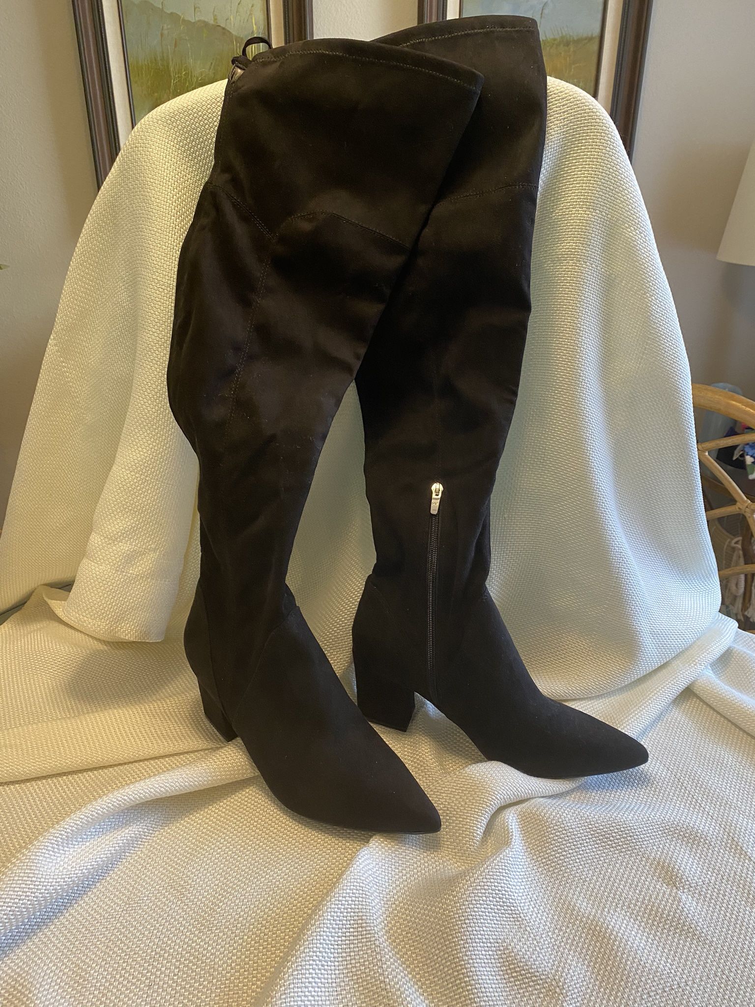 NWOT Marc fisher black faux suede block heel over the knee fabric boots in size 12 