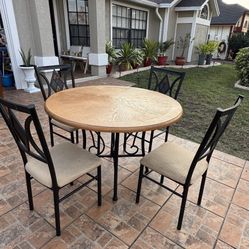 Wood Table Metal Base & 4 Chairs 