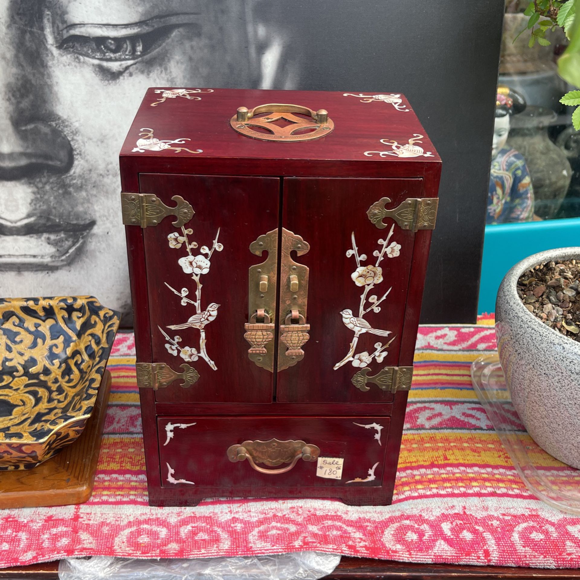Chinese Jewelry Box Mother Of Pearl Inlay Real Red Wood 