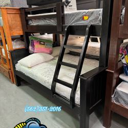 New Twin XL / Queen Solid Black Pine Wood  Bunk Bed With Both Mattresses 