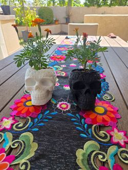 Dia De Los Muertos Skull Pot with Marigold flower