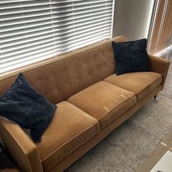 Mid-Century Modern Camel Velvet Sofa — Tufted Back, 3-Seater