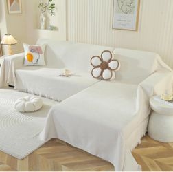Cream Sofa Cover Throw with Fringe Trim