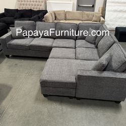 New 113” Slate Grey Sectional, Chenille Gray Sectional Sofa And Ottoman With USB Ports, Reversible Sectional Sofa Couch, Plush Sofa, Sectionals, Sofas