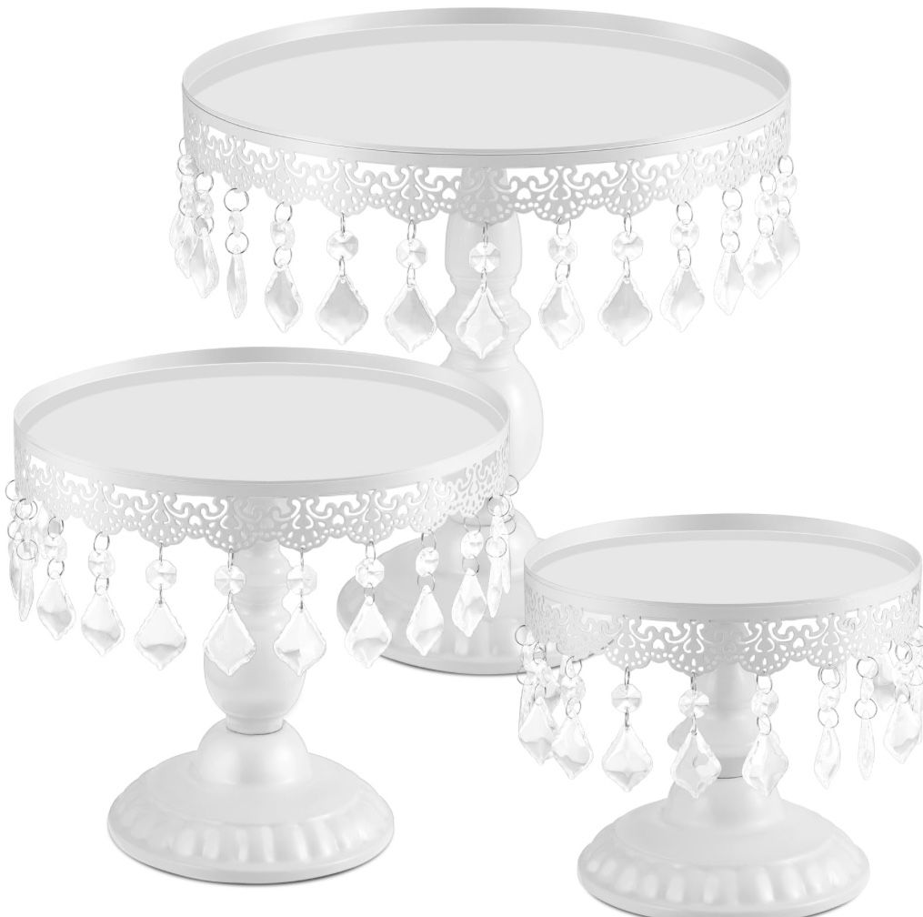 Eaasty 3 Pcs Cake Stand Set Round Cake Stand With Crystal Bling Pendants Dessert Table Display Set For Wedding Event Birthday Party Dessert Table(Whit