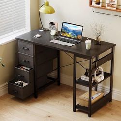 40 Inch Small Computer Desk with 4 Fabric Drawers, Modern PC Desk for Small Spaces, Home Office Desk with Storage Shelves, Black  Shape Rect