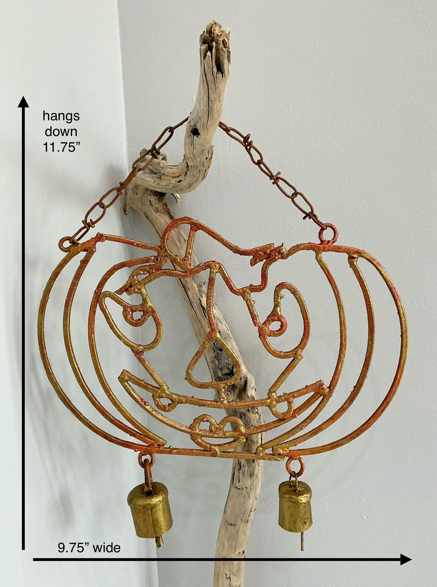 One of a Kind Hand Painted Orange & Gold Metal Hanging Jack-o-Lantern Wind Chimes