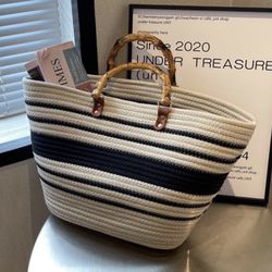 Straw Bag for Women Retro Beach Bag Tote Bag Woven Rope Bamboo Handle Straw Purses for Travel Summer Vacation Beach 2023