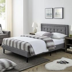 Upholstered Platform Bed | Headboard and Metal Frame with Wood Slat Support, light Grey, Queen Size(2301)