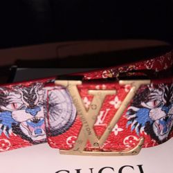 Red Leather Multicolor Belt Gold Buckle