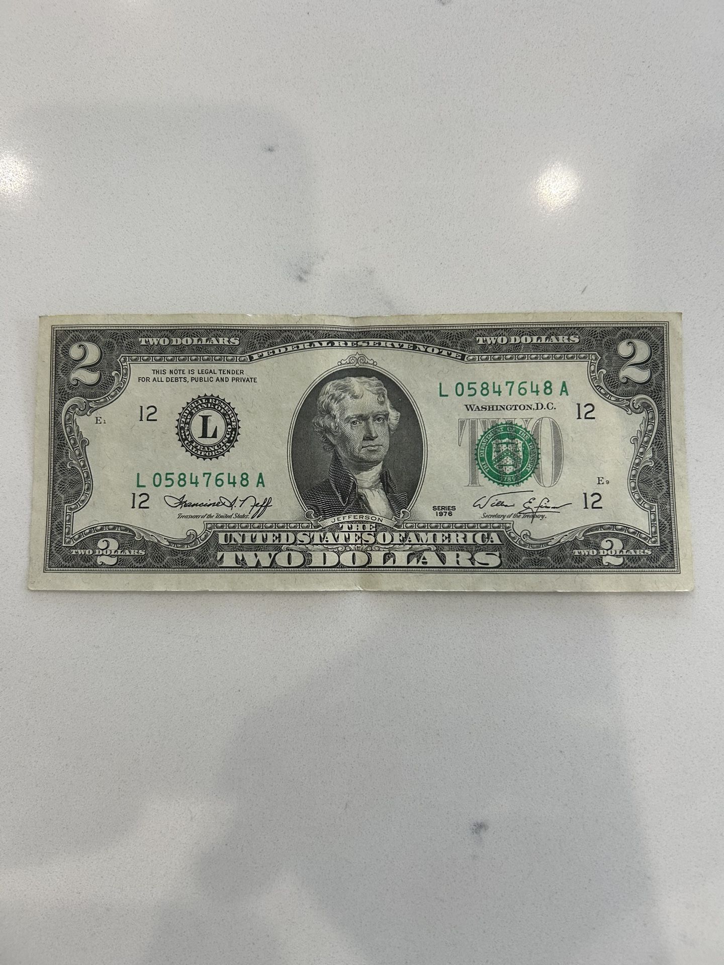 2 Dollar Bill 1976 Series. Circulated,  $2 USD RARE. Crispy, clean bill, Lot A, low serial number