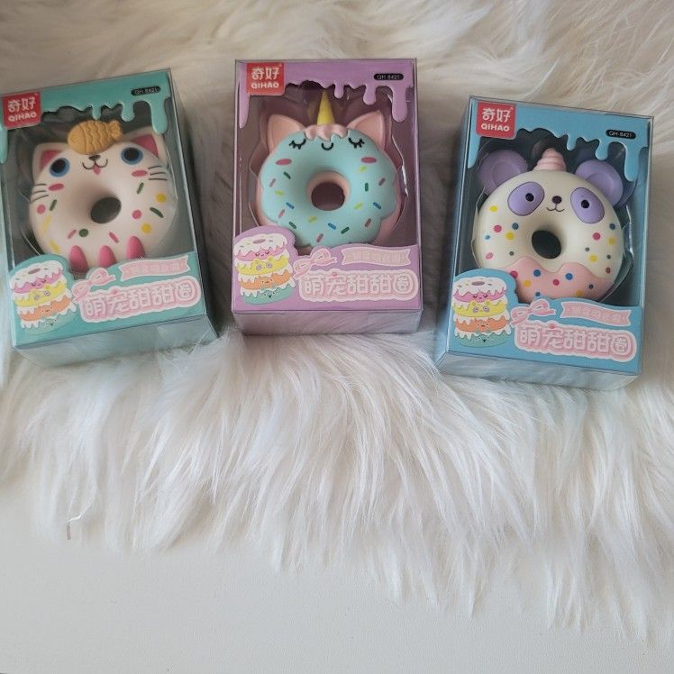 Rare Japan Donut Cat  Eraser Lot Pink Purple Green Kawaii 3 Set New 