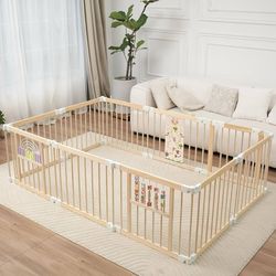 10-Panel Adjustable Size & Shape Natural Pine Wood Baby Playpen with Montessori Toys & Safety Lock CPC Certified