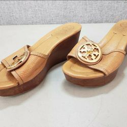 Tory Burch Selma Designer Brown Leather W/ Gold Hardware Wedge Platform Heel Women's Size 9 M