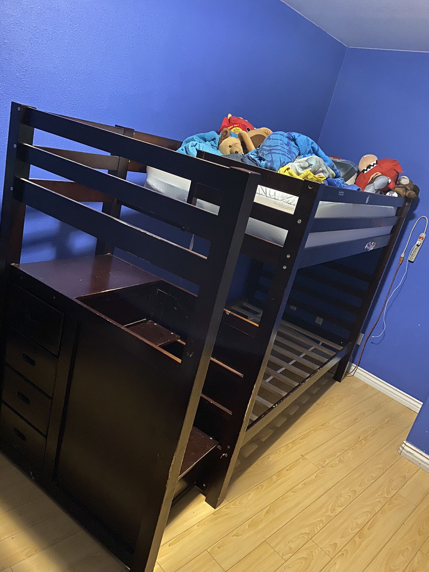 Espresso Finished Twin/Twin Bunk Bed with Built-in Side Drawers & Staircase!
