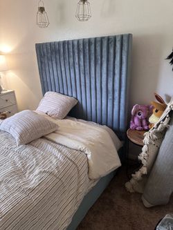 Full grey upholstery platform bed frame