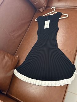 Black Ribbed Knit Dress with White Hem