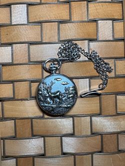 Pocket Watch Silver & Gold Tone Hunting Scene Deer Buck and Rifles