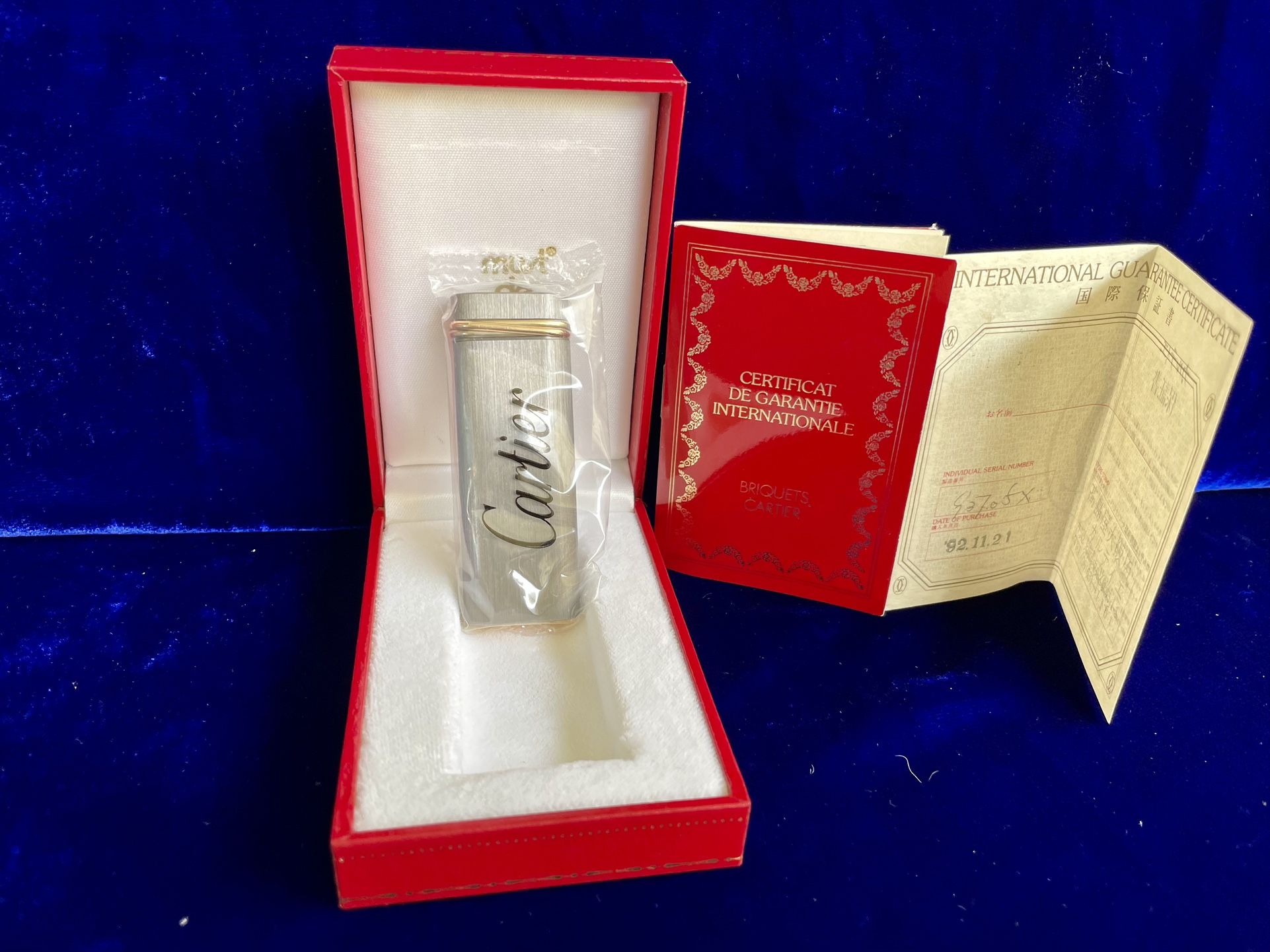Vintage Trinity Satin Silver Cartier Lighter New Sealed Old Stock Full Set 