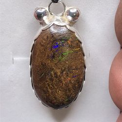 Australian Queensland Boulder Matrix Opal 925 silver pendant on a  925 silver chain necklace. 57ct 28x17x8mm nice Multicolored Opal