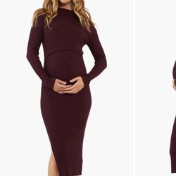 Maroon Long Sleeve Midi Maternity Dress 