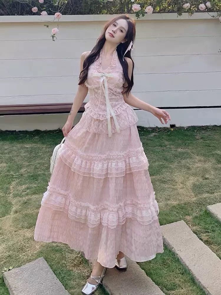 Women’s Bow Tie Halter Waistcoat Top & Long A-Line Tiered Skirt Two-Piece Set, Elegant Summer Outfit