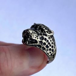 9.5 9.75 Leopard Cheetah Fine Art Ring Solid Metal German Silver Unisex Original Men Women Artist Artisan Antique Vintage Rustic Style Exclusive