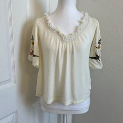 DownEAST Blouse Womens Size XS Boho Embroidery Tan Tunic Top