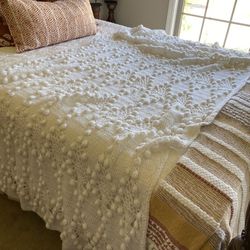 LONG Beautiful Handmade White Afghan (freshly washed great condition) 7 ft x 40” (SEE PHOTOS)