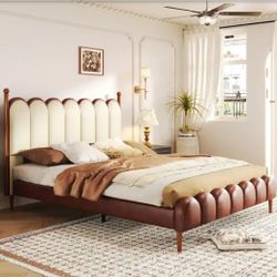 Leather Upholestered Wood Frame Queen Size Platform Bed With Headboard 