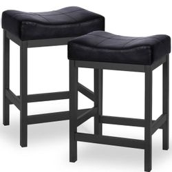2 Leather Counter Bar Stools 24 Inch Saddle Stool 