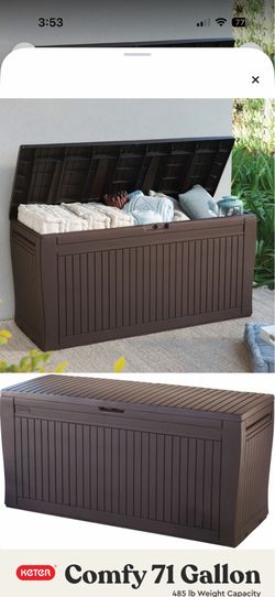 Brand new brown Comfy 71 Gallon Durable Resin Outdoor Storage and Organization Deck Box Ideal For Garden Patio Furniture and Supplies