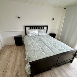IKEA Hemnes Queen Bed frame with Storage + 2 drawer nightstands 