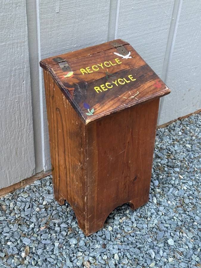 Vintage Wood Recycle Trash Bin Box Farmhouse Accent Decor