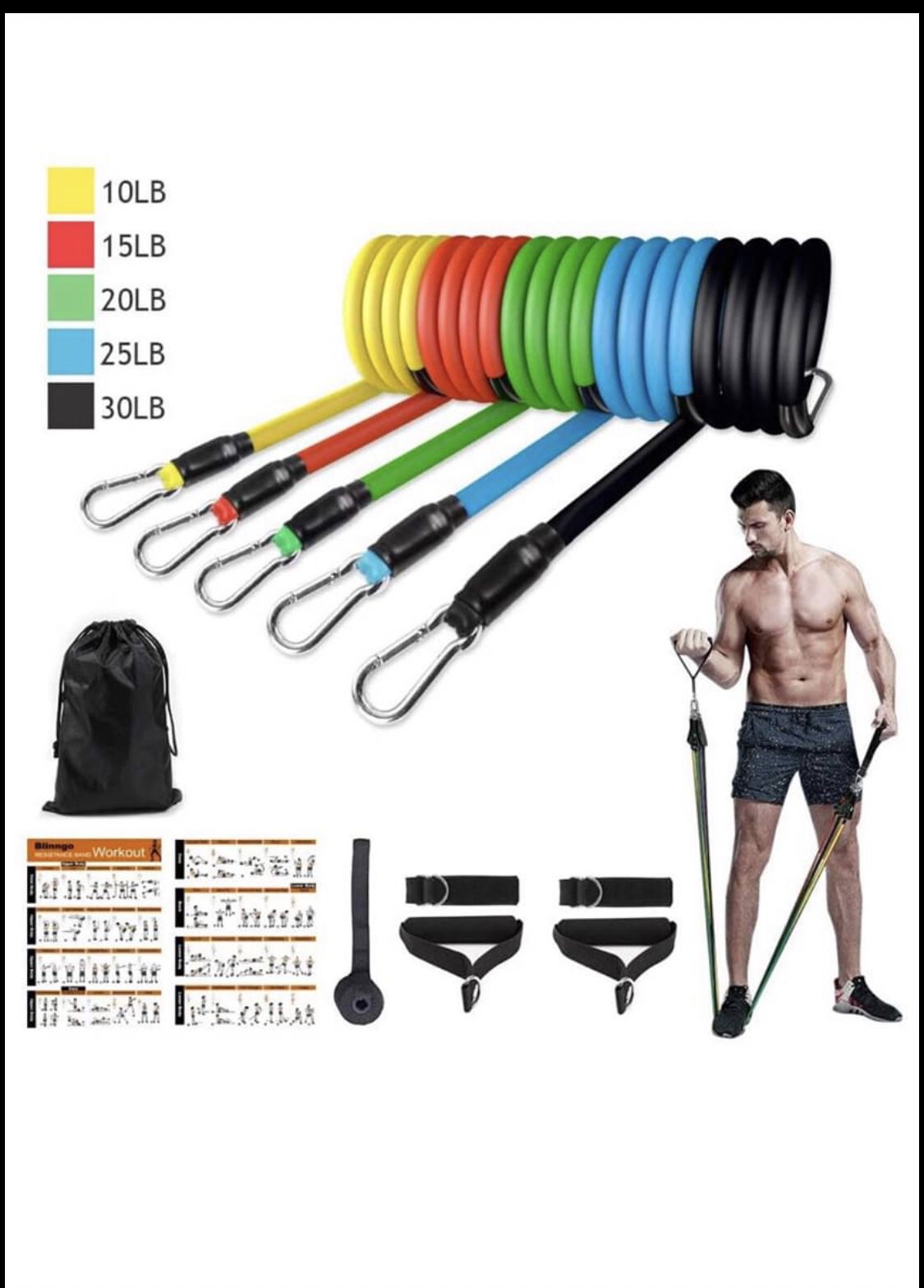 Resistance Bands Set Portable Exercise Bands Indoor Sports Equipment with 5 Fitness Tubes, 2 Foam Handles, 2 Ankle Straps, Door Anchor, Carrying Bag
