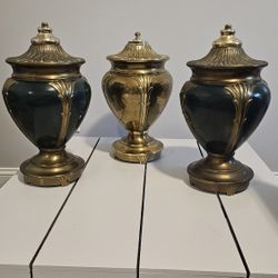 Stunning Set of Hollywood Regency/ Neo Classical Brass n Green Enamel Vase/ Urns. Heavy pieces.