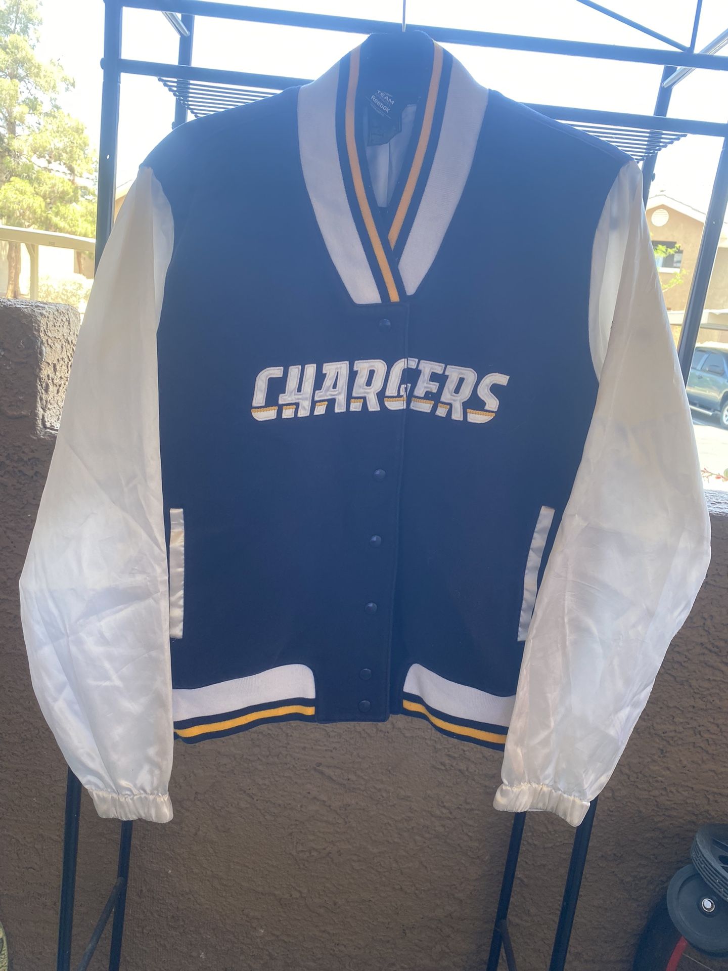 NFL Team Apparel Reebok Womens Chargers Letterman Jacket Satin Sleeves Size Large