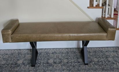 Olive Green Leather Bench with Metal X-Base