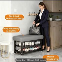 New [Soft Cushion Shoe Stool] Modern Shoe Changing Stool with Soft Cushion- Multi Compartment Shoe Storage Organizer, Space Saving Metal Frame Shoe Ra