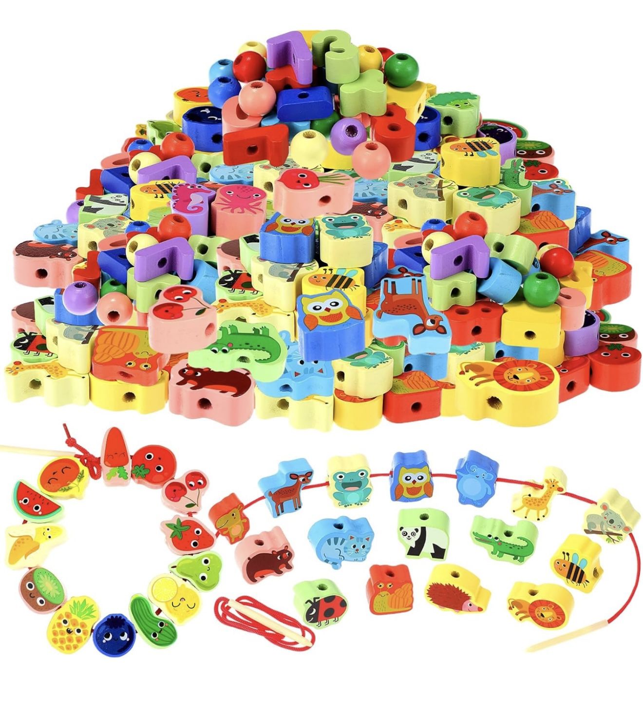 Used, Montessori Wooden Educational Threading Toys Farm Animals Fruits Wooden Lacing Beads Toys