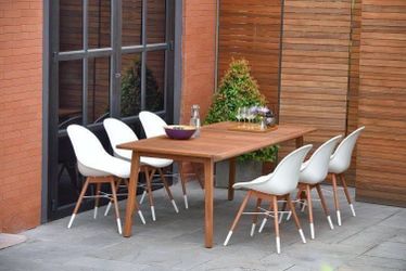 BRAND NEW Rectangular Table Outdoor 7 Piece 100% FSC Certified Wood Dining Set with White Chairs | All-Weather | Delivery Available