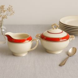 H&C Bohemia 1930s Coronado Porcelain Red Gold Creamer & Sugar Bowl