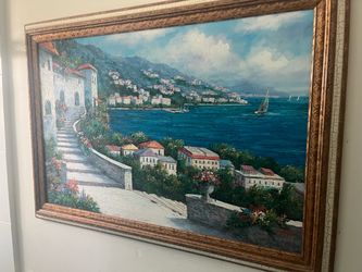 Large Framed Mediterranean Coastal Oil Painting