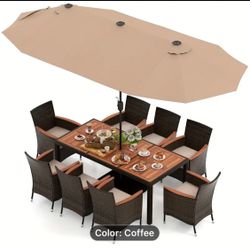 COSTWAY 9 Piece Patio Wicker Dining Set w/ Double-Sided Patio Umbrella, Stackable Chairs