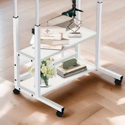 Standing Desk with Wheels, Height Adjustable Mobile Side Table, Laptop Bedside Table, Rolling Cart with C-Shaped TV Tray and Storage Shelves for Sofa 