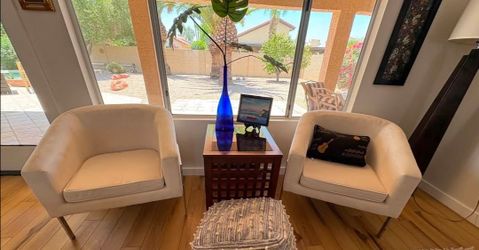 Set of 2 White Barrel Chairs with Metal accent. Velour