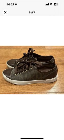 Michael Kors Brown Signature MK Logo Leather Sneaker Tennis Shoes Gold Size 6.5M