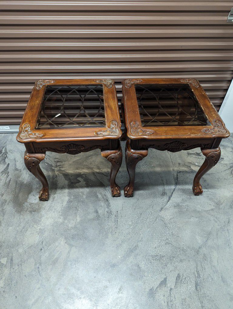 Set Of Two Carved Wood Side Tables With Engraved Glass Top