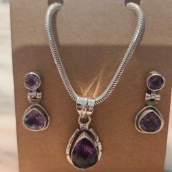 Amethyst & Sterling Silver (925) Pendant And Earrings 